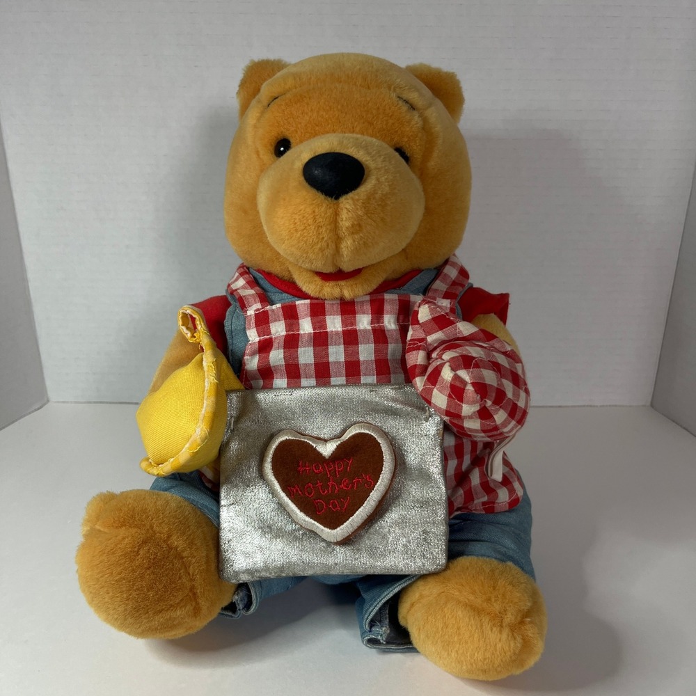 Vtg Disney Winnie the Pooh Mothers Day Baking Plush Bear Overalls Gingham Apron